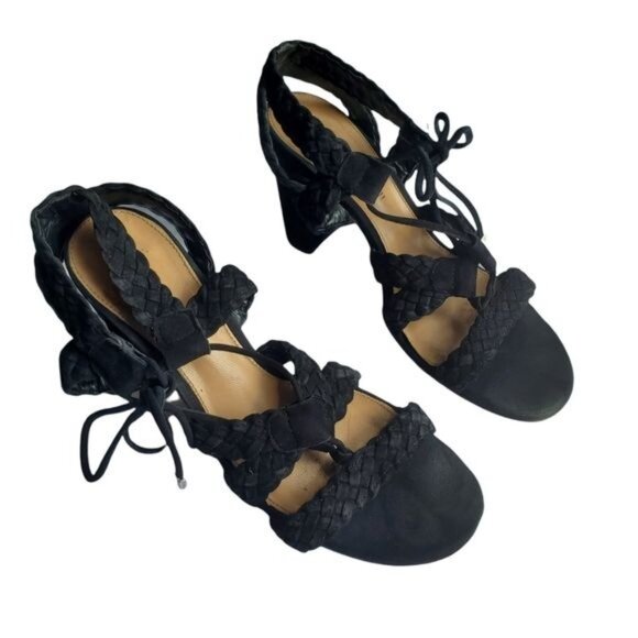 ANTONIO MELANI Block Heel Sandals SZ 8 Leather Round Open Toe‎ Strapy Braided 4" - Picture 7 of 12